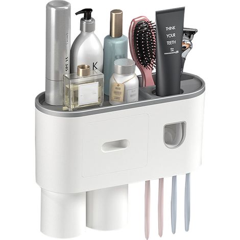 Porte Brosse Dent Mural, Support de Brosse à Dents avec Distributeur Dentifrice Automatique, 4 Emplacements pour Brosse, 2 Tasses Magnétiques 1 Tiroir et 1 Grand Plateau