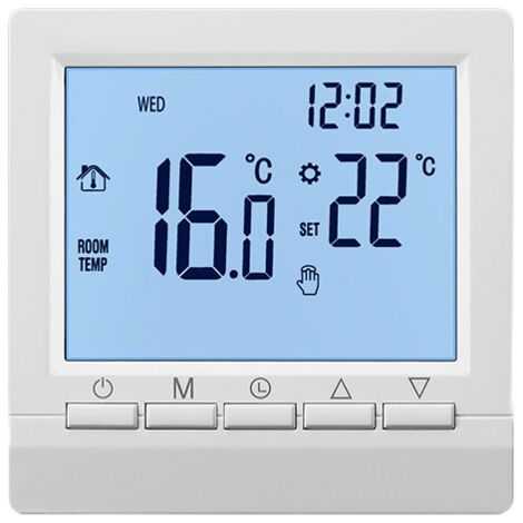 Green Mobility-Thermostat mural intelligent pour chauffage au sol – Écran LCD rétroéclairé bleu – Alimentation par 2 piles AA – Programmation hebdomadaire (1/2)
