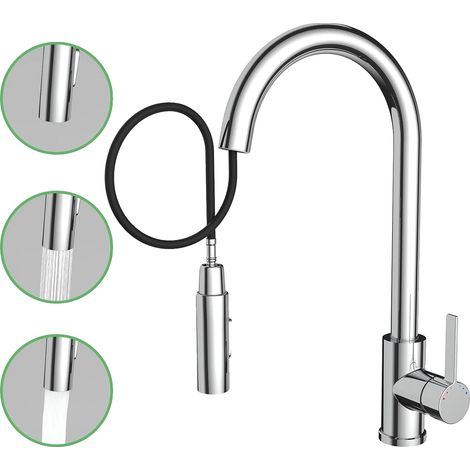 Grifo de cocina, manguera retráctil, acero inoxidable, giro de 360°, doble función de rociado, fácil instalación. (1/5)