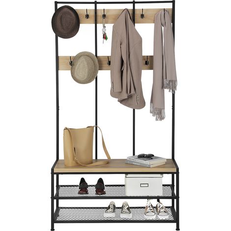 Porte-manteaux XL avec Banc à chaussures, Grand Meuble d'entrée, Vestiaire, Étagère à chaussures, Couleur Chêne clair (1/5)