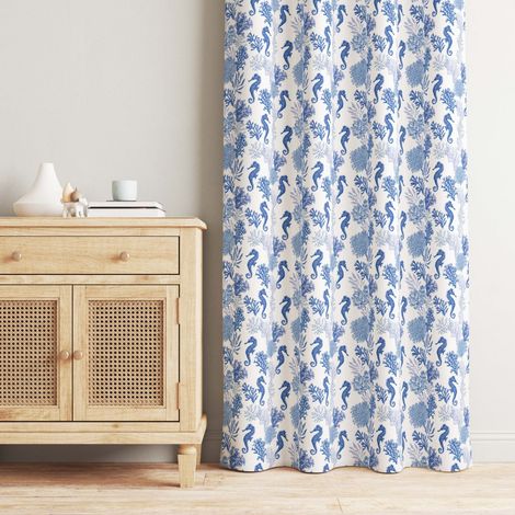 TENDA CORALLI e CAVALLUCCI MARINI BLU cm. 150X280 Confezionata Made in Italy (1/5)