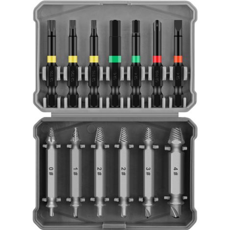 Ensemble de 13 mini extracteurs de vis endommagées en acier, comprenant un foret et un extracteur de vis pour vis glissantes, cassées, endommagées et rouillées