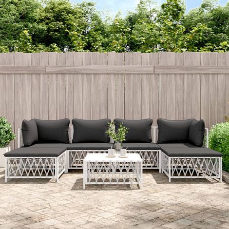 Salon de jardin modulable 7 pièces blanc en acier avec coussins gris foncé et table basse pour extérieur (1/5)