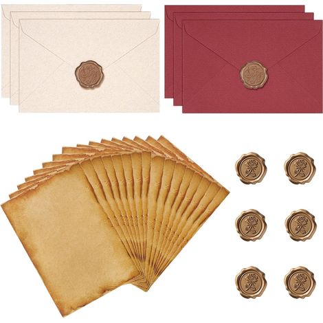 28 Pieces Vintage Letter Paper and Envelopes, 16 Vintage Kraft Letter Papers and 6 Wax Seal Stickers, 6 Paper Envelopes for Invitations (1/5)