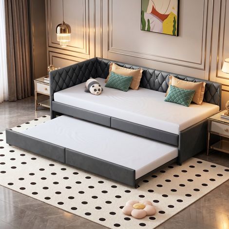 Letto singolo con letto estraibile 90x200 cm estraibile in velluto, letto singolo con testiera imbottita, struttura in legno e metallo