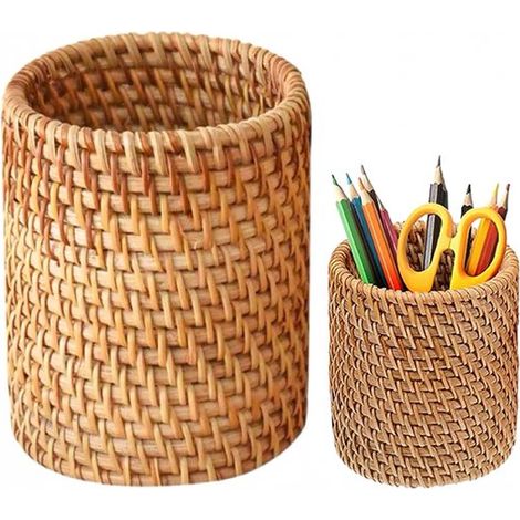 Organizador de escritorio - Madera - Portalápices - Bandeja para bolígrafos - Portalápices para escritorio de ratán tejido (1/5)