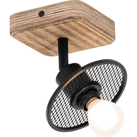 Industrial Ceiling Spotlight Black with Wood - Jasmijn