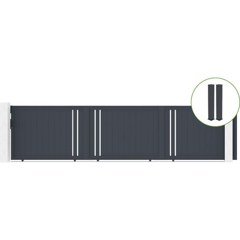 Portail coulissant 6m GIONA H.140cm alu + 2 poteaux EIFEL 20x20cm H.166cm GRIS (1/5)
