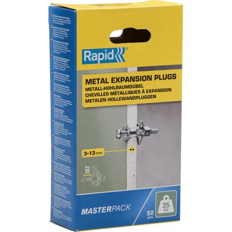 RAPID - Chevilles à Expansion Métal - 3-13mm Lot 50 Charge Max 25 kg Pour Cloison Plâtre, Fixation Solide pour Mur Creux - (5001560)