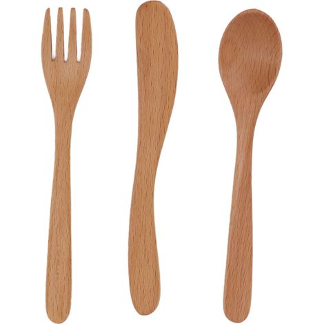 Couverts en bois japonais épais et robuste en hêtre lissé, lot de cuillère fourchette couteau pour cuisine domestique (1/5)
