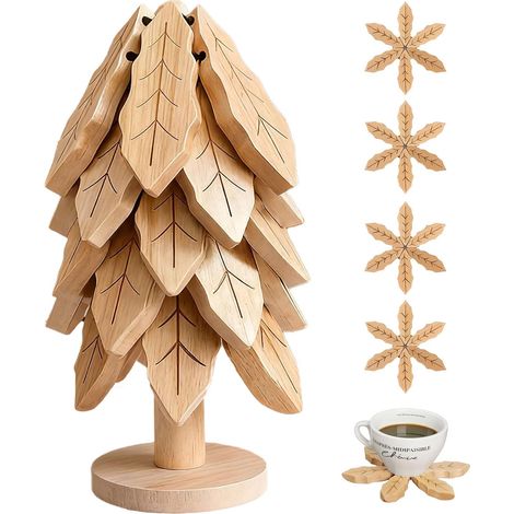 (5 sous Plats + Support) Dessous de Plat Arbre Bambou Trivet Sapin Noël Protection Table Cuisine Assiettes Casseroles (1/5)