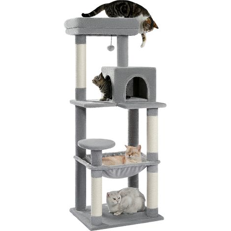 Pawz Road – Arbre à chat en bois 143cm – Griffoirs sisal – Condo confortable avec hamac – Pour chats de taille moyenne – Installation simple