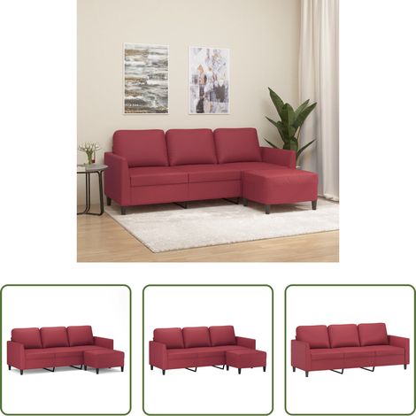 vidaXL Sofá de 3 plazas con taburete cuero sintético rojo tinto 180 cm (1/5)