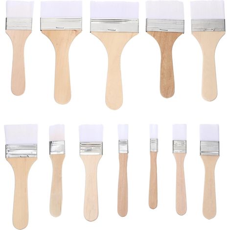 12 pinceaux plats larges, poils en nylon, manche en bois, pour peinture acrylique, à l'huile et aquarelle (1/5)