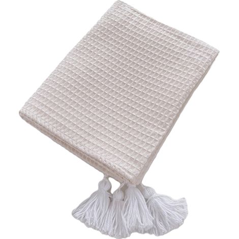 Couverture gaufrée 75x100 cm, collection Boho, beige à pompons blancs (1/3)