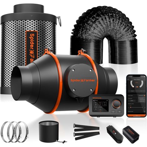 Spider Farmer – Ventilateur d'extraction en ligne 4' 205 m³/h – Filtre à charbon inclus – Kit de conduits et contrôle GGS – VMC simple flux