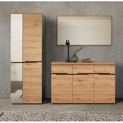 Garderoben Set 3-teilig Wandspiegel Sideboard Garderobenschrank MANRESA-36 in Artisan Eiche Nb. mit Graphit (1/5)