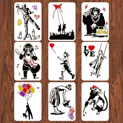 Ensemble de pochoirs à dessin sur le thème de Banksy – Pochoir réutilisable pour peinture sur mur, carrelage, toile, meubles, papier – 29 x 20 cm (1/5)