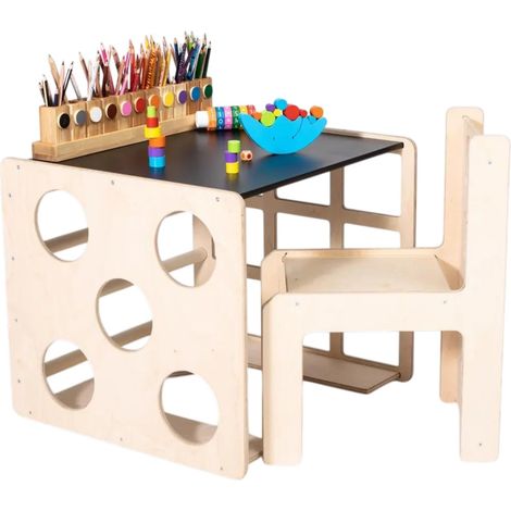 Set Montessori GINGER HOME 2 in 1, Tavolo con Sedia e Cubo da Arrampicata, Legno Naturale, 57×50×55 cm (1/5)