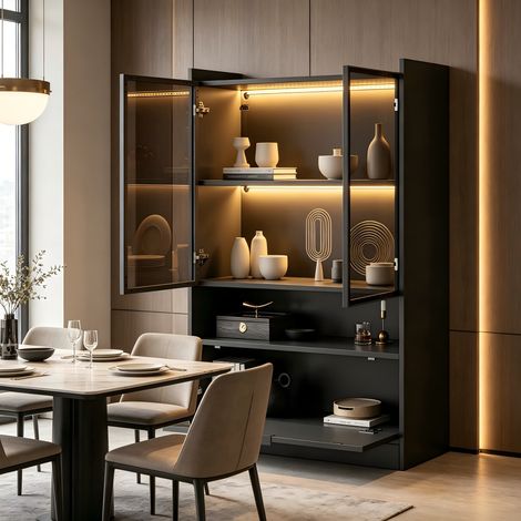 Vitrine lumineuse LED 120cm noir mat, meuble salon avec portes vitrées rabattables, étagère 16 couleurs en panneaux de particules