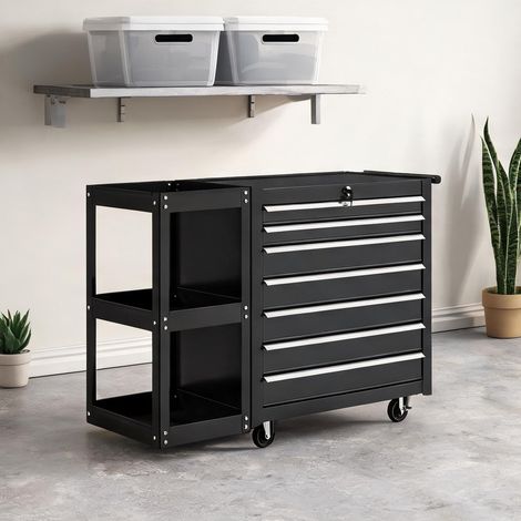 Servante d'atelier 7 tiroirs noire en acier 120 kg en plastique (1/5)