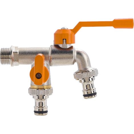 Robinet de jardin double en laiton, double sortie, robinet de jardin antirouille et antigel, robinet à double sortie avec 2 connecteurs de tuyau pour machine à laver de jardin (1/4)