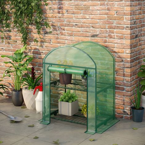 Mini-Gartengewächshaus mit 2 Metallregalen und PE-Abdeckung, kompaktes Balkon- und Terrassengewächshaus 69 x 49 x 91 cm, Grün