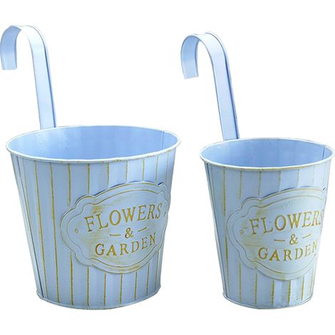 Conjunto de macetas colgantes vintage de hierro azul (15 cm + 20 cm) para plantas y suculentas en el balcón, con ganchos extraíbles. (1/5)