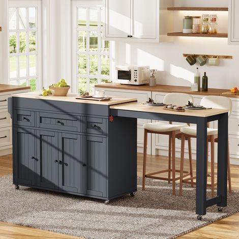 Îlot de cuisine sur roulettes, îlot de cuisine extensible avec coin repas, étagère à épices et tiroirs, îlot de cuisine mobile et autoportant, idéal pour la cuisine et la salle à manger (gris) (1/4)