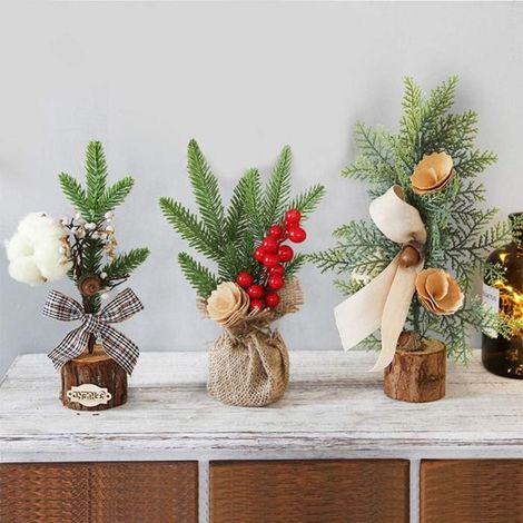 Mini Sapins de Noël 3 PCS, Arbres de Table Artificiels avec Cônes de Pin, Nœuds et Baies Rouges, Décoration pour Table et Bureau (1/5)