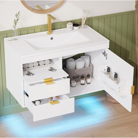 Meuble vasque mural 76x46x51 cm en MDF blanc avec LED, gain de place pour salle de bain – MEUBLIV (1/5)