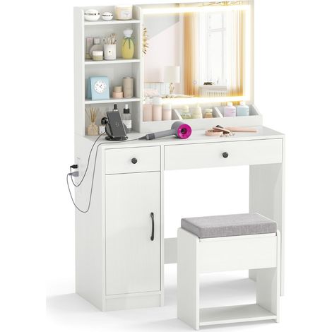 Coiffeuse avec miroir led 90 x 40 x 135 cm rangement pratique tabouret ergonomique style minimaliste MDF blanc