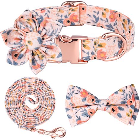 Ensemble collier et laisse pour chien avec nœuds papillon, en coton, à motif floral ajustable, pour chiot, orange, taille S