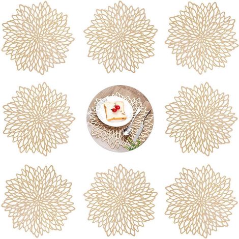 Set de Table Rond évidé, 8 pièces Napperons Set de Table Tapis de Table pour Table Salle à Manger Cuisine (Or, 38cm)