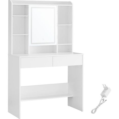 Tocador con espejo LED de 3 colores brillo regulable 40 x 90 x 144,7 cm con espejo gran estante de almacenamiento ajustable 2 cajones estilo moderno blanco 120005160