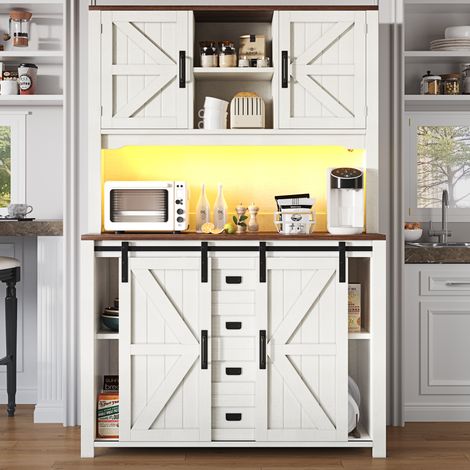 Credenza da cucina MDF e metallo bianca 115x40x174,7 cm con ante scorrevoli, 2 cassetti e LED (1/5)