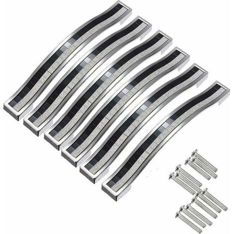 Lot de 6 poignées de porte décoratives en cristal de 128 mm, pour meubles, tiroirs, placards, poubelles, armoires, argent et noir. (1/5)