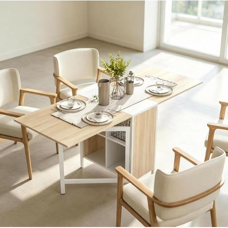 Tavolo estensibile pieghevole OKWISH, MDF e acciaio, bianco e rovere chiaro, 169 x 60 x 75 cm (1/5)