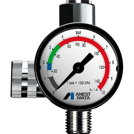 Manomètre de contrôle + réglage NM – W2012920700 – Raccord entrée M1/4" – Sortie F1/4" – Corps chromé – Manomètre 0 à 10 bar – Iwata