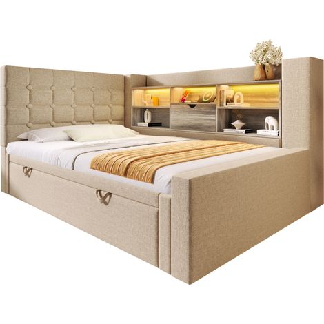 Lit 90x200 cm avec lit gigogne 90x190, LED, tête de lit en L avec rangements, USB-A et USB-C, tissu beige, montage gauche ou droite CHICFURN (1/5)