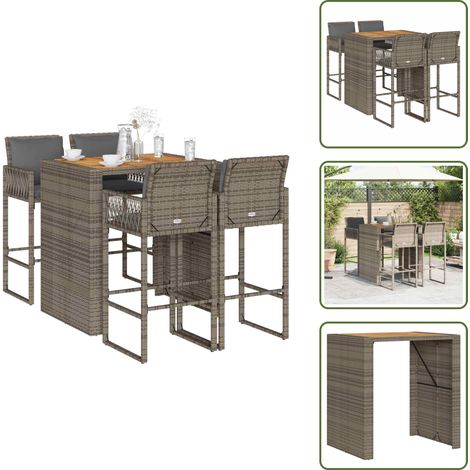 5-tlg. Gartenbar-Set mit Kissen Grau Poly Rattan Akazie - Gartenbar Set - Gartenbar Sets - Garten Bar Set - Gartenbar (1/5)