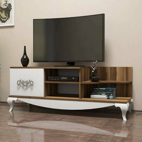Dmora - Mueble de televisión Dporrin, Aparador de salón, Mueble bajo para TV, Base de pared equipada, 130x45h51 cm, Nogal y Blanco (1/5)