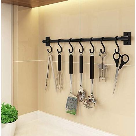Barre de Cuisine en Aluminium Barre Murale 50cm Adhésif Barre de Suspension pour Ustensiles de Cuisine avec 7 Crochets pour Salle de Bain, Chambre