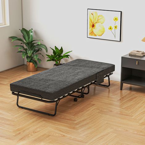 Lit pliant, matelas, 4 roues, cadre en métal, jusqu'à 150 kg, 190 x 80 x 42 cm, gris foncé (1/5)