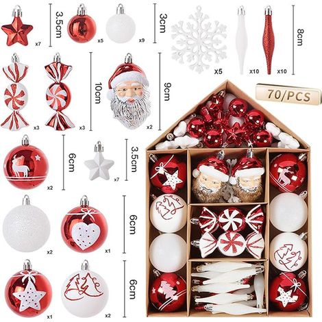 Boules de Noël Boule Sapin de Noel,Noel Decoration Sapin Boules avec Ornements Suspendus Incassables Boules de Noël Décorations de Sapin Intérieure et Extérieure- Deco Noel (Rouge et Blanc) (1/4)