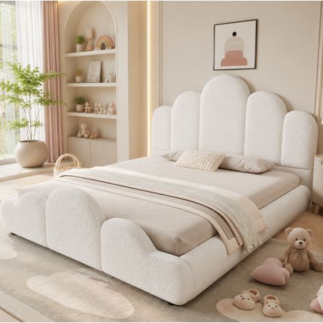 Lit enfant 140 x 200 cm avec tête de lit rembourrée, bords arrondis, bouclette beige HAVRYA (1/5)