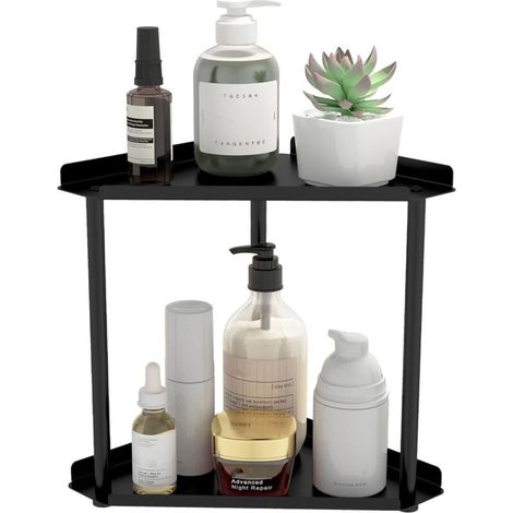 Étagère de rangement double niveau pour plan de travail de salle de bain, étagère d'angle pour coiffeuse, étagère de rangement pour produits de soins et cosmétiques, cuisine, noire. (1/5)
