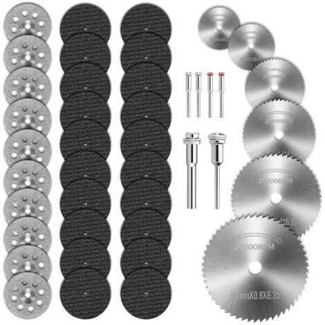 42 pcs Mini Diamond Cutting Disc, 6 Mandrels Mini HSS Circular Saw Blade Diamond Cutting Disc and Resin Cutting Disc for Wood Plastic Fiberglass Copper Aluminum (1/5)