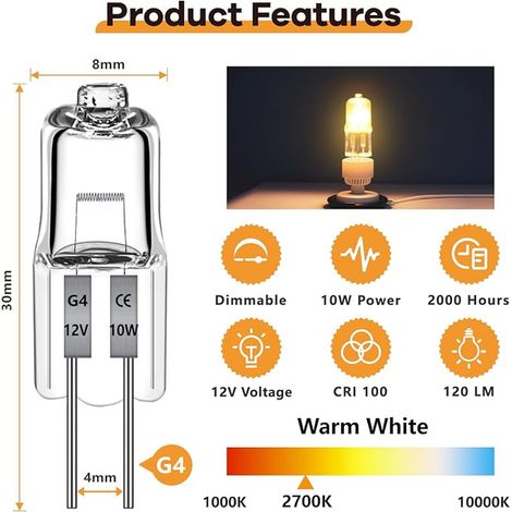 Ampoule Halogène G4 12V 10W G4 Halogène Pour Lustres en Cristal l'éclairage d'Armoire et Ainsi de Suite (1/3)
