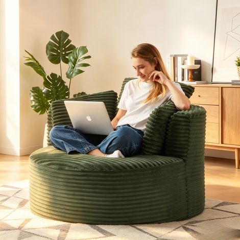 Fauteuil lounge rond surdimensionné velours côtelé, fauteuil nuage moderne assise profonde salon chambre -124x113x86cm -Vert